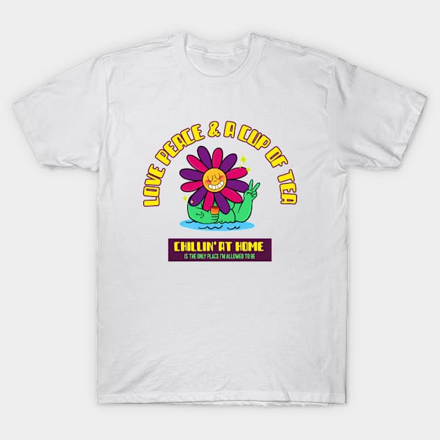 Love, Peace and a Cup of Tea 70s design T-Shirt by Lemon Squeezy design 